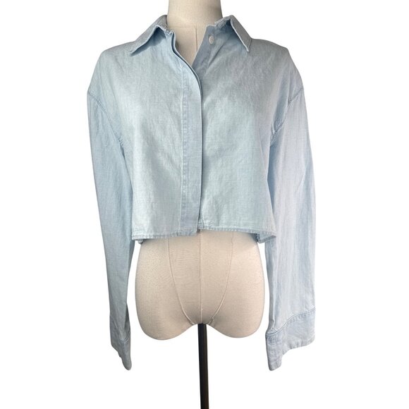 2/$30 ZARA XS Cropped Light Blue Chambray Cotton Linen Relaxed Fit - Picture 3 of 14